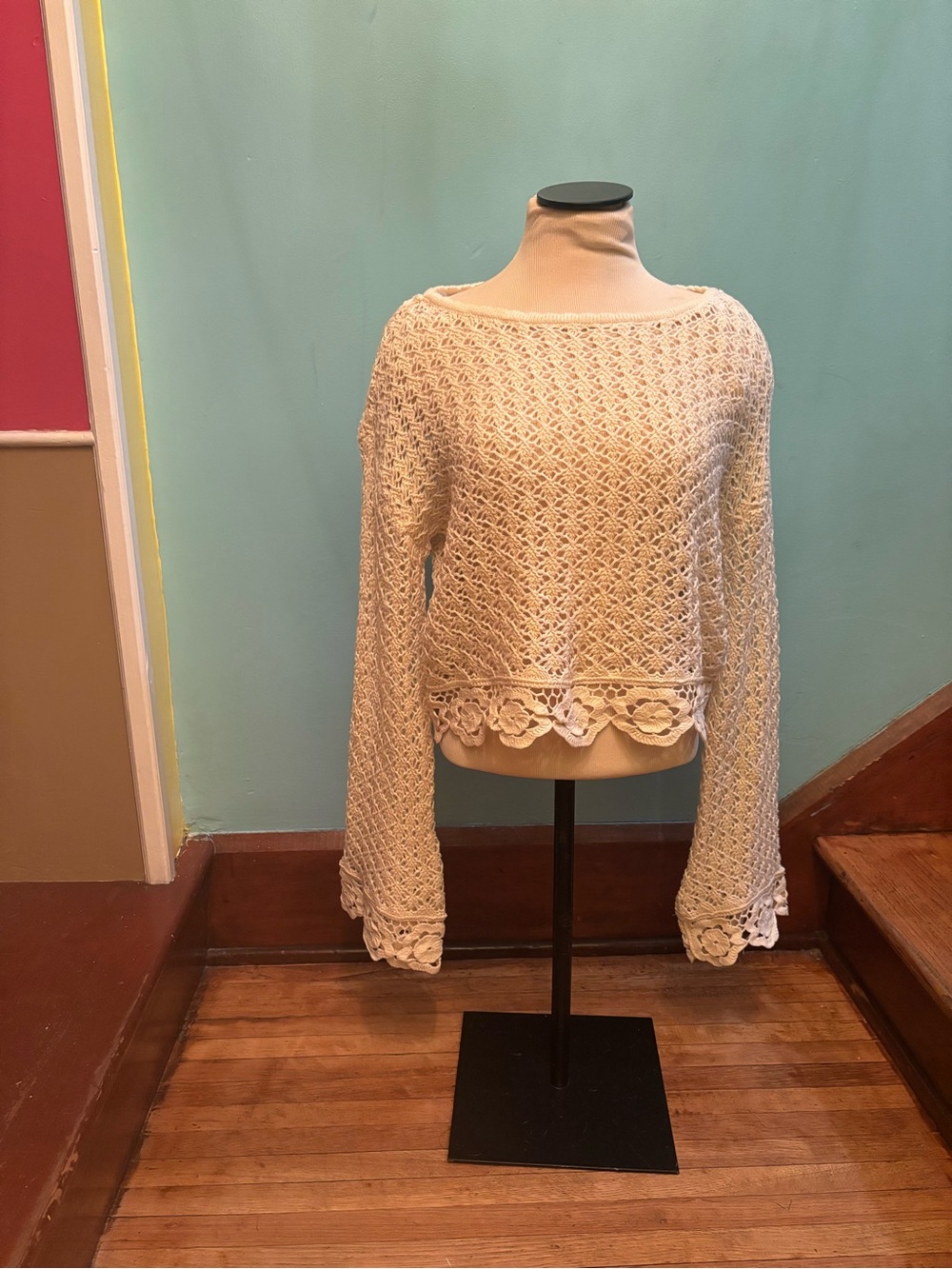 wild fable Cream Crochet Lace-Trim Off-the-Shoulder Sweater